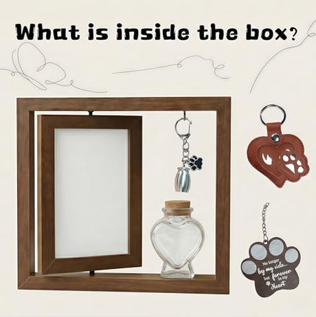Kinerby Rotating Pet Memorial Photo Frame 4x6, Solid Wood Dog and Cat Loss Sympathy Gift with Fur Keepsake Bottle & Ash Pendants, Double-Sided Remembrance Picture Display for Grieving Pet Owners Kinerby
