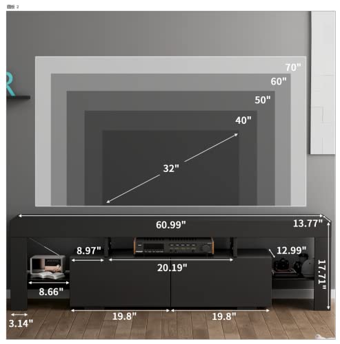 YESHOMY Modern LED TV Stand for Televisions up to 70 Inch with Glass Shelves and Drawer, Gaming Entertainment Center with Multiple Dynamic RGB Modes, for Livingroom, Bedroom, 60 Inch, Black - WoodArtSupply