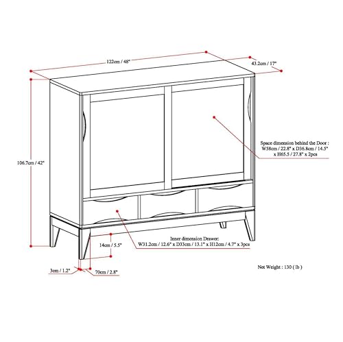 SIMPLIHOME Harper SOLID WOOD 48 inch Wide Mid Century Modern Medium Storage Cabinet in Walnut Brown, with Large Space Behind 2 Sliding Notched Handle Doors, 2 Adjustable Shelves SIMPLIHOME