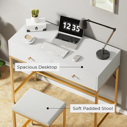 SUPERJARE 35.4" White and Gold Desk with 2 Drawers, Modern Makeup Vanity Desk with Padded Stool, Small Computer Desk Home Office Desk for Writing Study Bedroom SUPERJARE