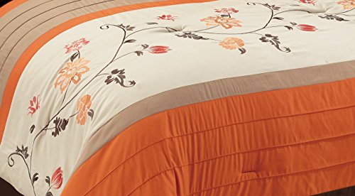Chezmoi Collection Serene 7-Piece Luxury Autumn Floral Embroidery Comforter Set, King, Orange/Brown/Taupe Chezmoi Collection