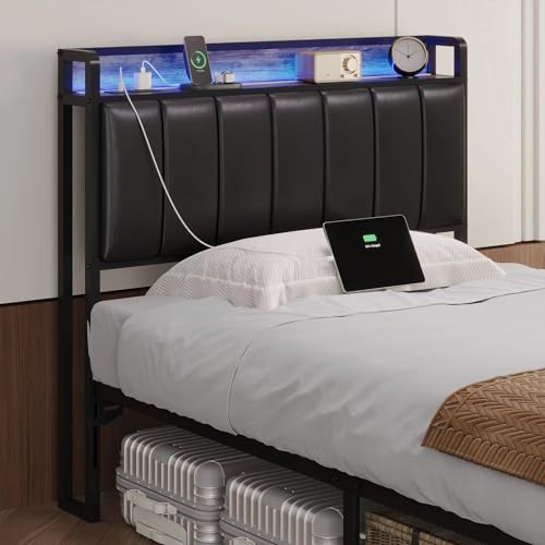 Muluflower Twin Size Upholstered Headboard with LED Lights & Charging Station, PU Upholstery, Twin Headboard Only, Height Adjustable, Attach Frame, Sturdy and Stable, Easy Assembly Muluflower