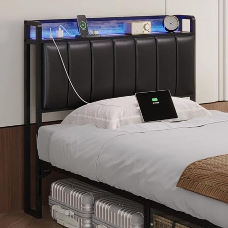 Muluflower Twin Size Upholstered Headboard with LED Lights & Charging Station, PU Upholstery, Twin Headboard Only, Height Adjustable, Attach Frame, Sturdy and Stable, Easy Assembly Muluflower