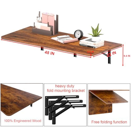 IAE 48" x 22" Floating Foldable Desk,Wall-Mounted Folding Computer Table with Engineered Wood,Study Table with Shelf Brackets,Fold Down Shelf,Fold Computer Desk for Small Spaces,Holds 500 lb,Rustic IAE