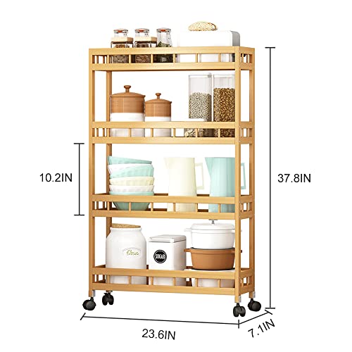 TIE-DailyNec 4-Tier Bamboo Kitchen Rolling Cart Removable Wood Trolley Island Cart, Utility Cart Multi-Layer Storage Shelf Rack on Wheels (23.6" L X 7.1" W X 37.8" H) - WoodArtSupply