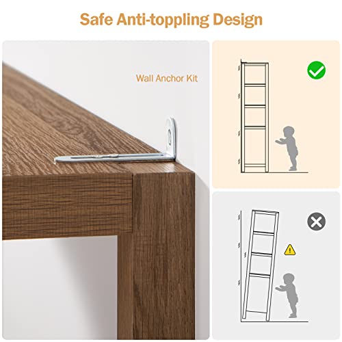 SICOTAS 5-Tier Rattan Boho Bookshelf with Doors - Tall Oak Bookcase for Stylish Storage SICOTAS