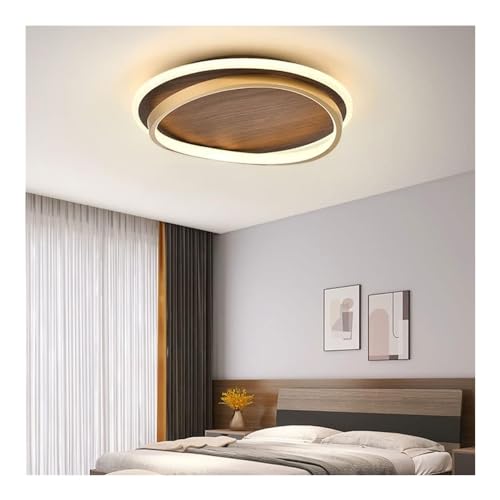 Farmhouse LED Ceiling Light Fixture - Wood Grain Finish Semi Flush Mount Round Mid Century Modern Ceiling Light with Gold Ring Antique Vintage Lighting Fixture for Living Room Bedroom Kitchen - WoodArtSupply