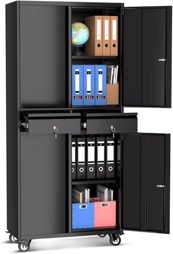 Metal Garage Storage Cabinet with 4 Wheels and 2 Drawers, 72" Heavy Duty Rolling Tool Storage Cabinet Organizer, Locking Doors and Adjustable Shelves for Garage, Workshop, Office, Warehouse PeacefulHues