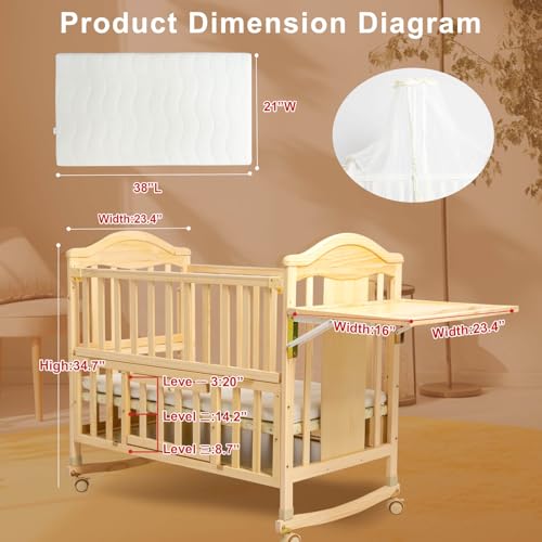 Flwrgirl Mini Baby Cribs 4-in-1 Convertible - Cunas para Bebes with Changing Shelf and Mattress Included,2024 Wood Baby Bassinets Bedside Crib Sleeper,Unpainted - WoodArtSupply