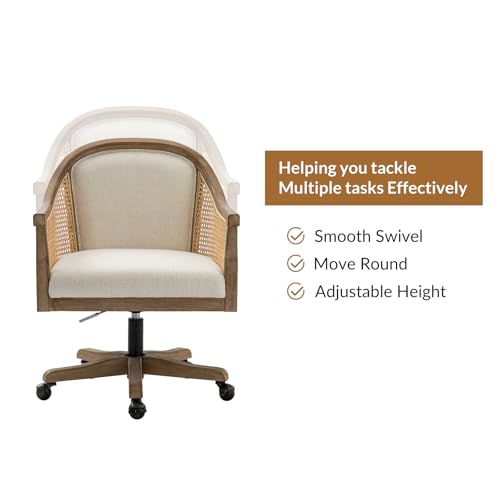 TINA'S HOME Rattan Desk Chair, Upholstered Home Office Chair with Armrest, Adjustable Swivel Rolling Height Computer Task Chair for Living Room Bedroom Study Room, Ivory TINA'S HOME