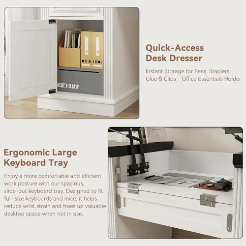 Jocoevol Farmhouse 57" Lift Up Executive Desk with 5 Drawers and Charging Station, Wood Home Office Computer Desk with File Cabinet Storage, Keyboard Tray,Headphone Hook for Work,Study (White+Black) Jocoevol