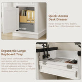 Jocoevol Farmhouse 57" Lift Up Executive Desk with 5 Drawers and Charging Station, Wood Home Office Computer Desk with File Cabinet Storage, Keyboard Tray,Headphone Hook for Work,Study (White+Black) Jocoevol