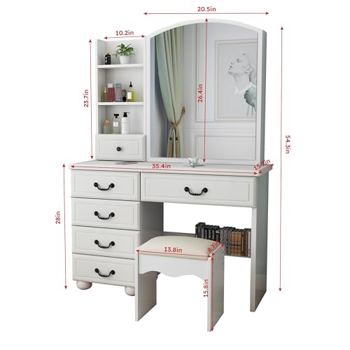 Runboll Elegant Vanity Desk with Lighted Mirror, 6 Drawer White Dressing Table Set for Bedroom, Features Adjustable 3-Color LED Lights, Perfect Makeup Vanity with Storage Runboll