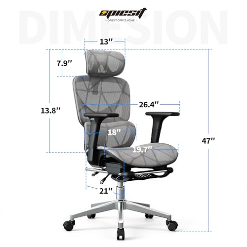 Opiesit Office Chair with 3D Adjustable Lumbar Support,Ergonomic Computer Chair,Adjustable Headrest and Armrests, 400lbs Capacity,Tilt-Swivel,Premium Mesh Desk Chair for Office,Home & Gaming (Grey) Opiesit