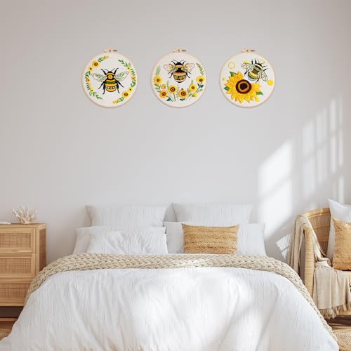 Nuberlic 3 Pack Embroidery Kit for Beginner Adults, Cross Stitch Set with Cute Bee Patterns, Includes Cloth, Hoops, Threads, Needles, Instructions