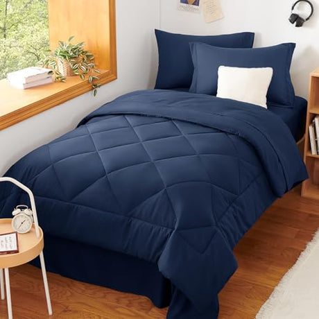 CozyLux Twin Comforter Set with Sheets Navy Blue - 5 Pieces Bed in a Bag Twin, All Season Bed Set for Girls and Boys, Bedding Set with Down Alternative Comforter, Sheets, Pillowcase & Sham CozyLux