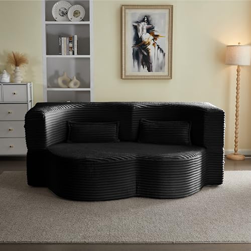 Teddy Fabric 3-in-1 Floor Sofa Bed with 2 Pillows, 15" Full Size Convertible Folding Foam Mattress Couch, No-Assembly Trifold Futon Guest Bed for Living Room, Dorm (Plush Corduroy, Black) Generic