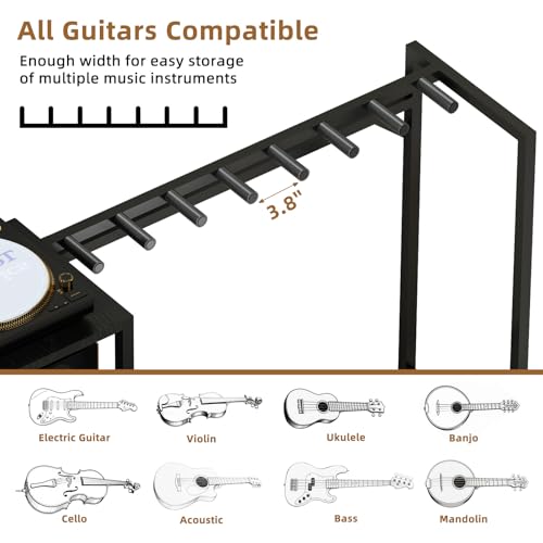 ZHNSYDN Record Player Stand with Guitar Stand, Record Player Table with Guitar Rack, Guitar Holder 7 Space for Multiple Guitars, Bass, Acoustic, Guitar Display for Home Music Studio, Black ZHNSYDN