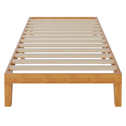 DUMOS Solid Wood Bed Frame, Twin Size Bed Base with Wood Slat Support, Sturdy, Stylish & Noise-Free Design, No Box Spring Needed, Easy Assembly, 12 in Natural Pine DUMOS