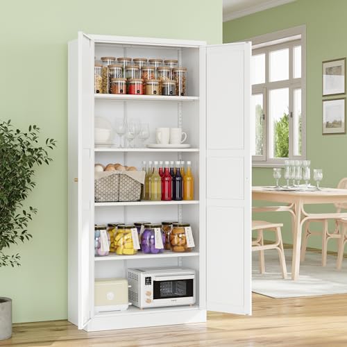 RAVIGIN Metal Storage Cabinet,71" H Pantry Cabinet with 2 Doors and 5 Adjustable Shelves,6 Tier Tall Kitchen Storage Cabinets for Kitchen,Pantry,Living/Study/Laundry Room(White) RAVIGIN