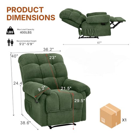 Comfy Recliner Chair for Elderly Seniors Adults, Overstuffed Manual Recliner, Ergonomic Back Pain Relief w/Pockets, Reading Apt Bedroom Living Room, Birthday Gift, Green MONNIYU