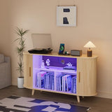 Hretanant Record Player Stand,55" Record Storage Cabinet with Charging Station&USB Ports,Mid Century Turntable Stand with Vinyl Storage&LED Lights,Holds up to 300+ Albums,for Living Room Bedroom,Oak Hretanant