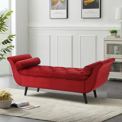 Hdxdkog Velvet Storage Bench for Bedroom End of Bed, 65" Upholstered Rolled Armed Button Tufted Stool Bench, Storage Ottoman Long Bench with with 2 Pillows for Entryway (Wine Red)