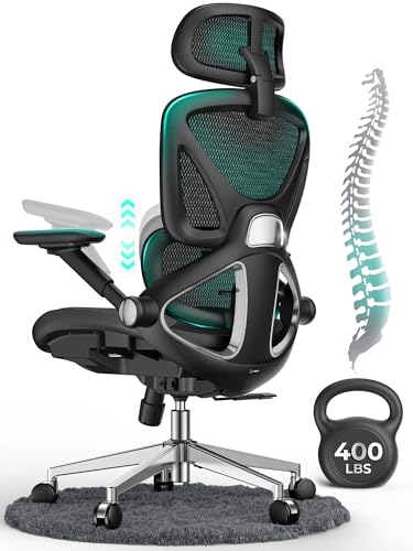 CAPOT Ergonomic Mesh Office Chair, Adjustable Lumbar High Back Desk Chair 400lbs, 4D Flip-up Arms, 3 Tilt Backrest, 3D Headrest, PU Wheels, Swivel Rolling Computer Chair for Long Desk Work - Black CAPOT