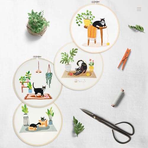 Bonroy 4 Sets Embroidery Set for Beginners, Art Craft, Easy Sewing, Includes Embroidery Clothing, Pattern, Embroidery Hoop, Instruction Manual, Colorful Thread Stitch Set (Cat)