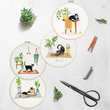 Bonroy 4 Sets Embroidery Set for Beginners, Art Craft, Easy Sewing, Includes Embroidery Clothing, Pattern, Embroidery Hoop, Instruction Manual, Colorful Thread Stitch Set (Cat)