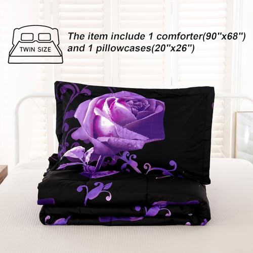 WONGS BEDDING Purple Comforter Set Twin, Reversible Purple Rose Pattern Printed Bedding Down Comforter with 1 Pillowcases for All Seasons, Soft Microfiber Filling Bedding Set 90"x68" WONGS BEDDING