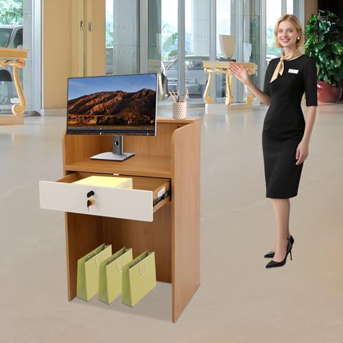Small Reception Desk with Lockable Drawer, 37.8 x 23.6 x 15.7 Inch Modern Front Desk Counter with Grille Design, White Wooden Retail Checkout Table for Salon Clothing Store Office Hotel (Oak Color)