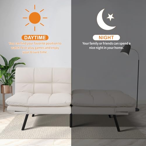 MUUEGM 71-Inch Convertible Futon Sofa Bed with Adjustable Backrest & Removable Armrests, Foldable Sleeper Loveseat for Small Space Living Room, Studio Apartment, Home Office，White MUUEGM