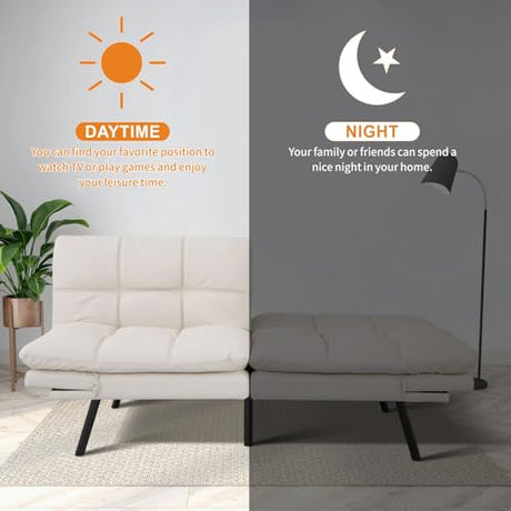 MUUEGM 71-Inch Convertible Futon Sofa Bed with Adjustable Backrest & Removable Armrests, Foldable Sleeper Loveseat for Small Space Living Room, Studio Apartment, Home Office，White MUUEGM