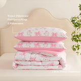 Jolusere Pink Bow Comforter Set Queen Size Pink Floral Comforter for Girls Kids Romantic Princess Style Bowknot Bedding Set Ultra Soft Reversible Garden Flower Comforter Sets with 2 Pillowcases 3Pcs Jolusere