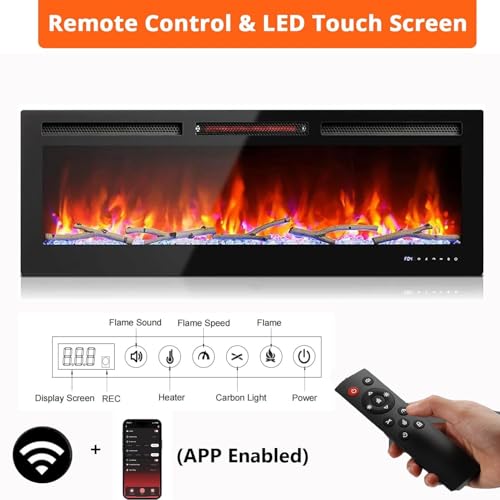50 Inch Smart Electric Fireplace with Alexa & WiFi, Wall Mounted/Recessed Insert, 1500w Heater, Remote & Touch Control, 25 Flame/Ember Colors, Timer & Adjustable Heat, Black Takywep