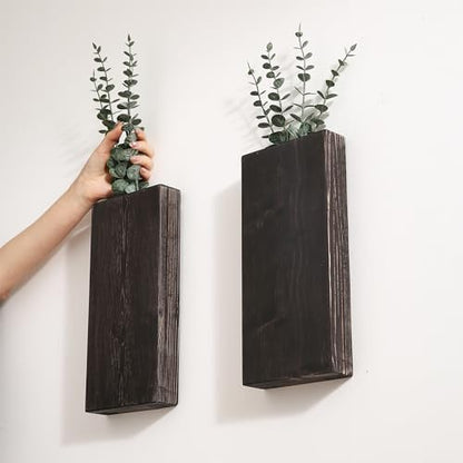 Wood Wall Planter Set of 2, Wood Wall Pocket for Greenery and Dried Flowers, Indoor Wood Hanging Vase Modern Farmhouse Wall Decor for Living Room Bedroom Office Eucalyptus Stems Decorations (Expresso)