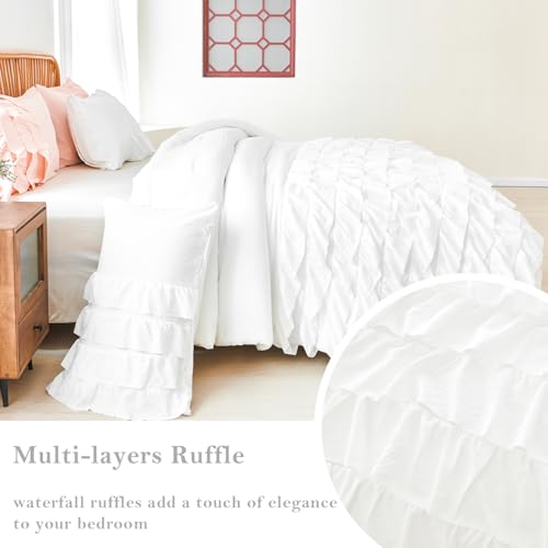 PERFEMET White Queen Comforter Set, 3 Pieces Girls Ruffled Bedding Sets Vintage Shabby Chic Bedding, Soft Lightweight Farmhouse Boho Bed Set for Girls Women (White,Queen) PERFEMET