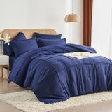 Yogeneg Twin Comforter Set 5 Piece Bed in a Bag,Grid Pinch Pleat Navy Blue Twin Bedding Set,Striped Textured Soft Microfiber Comforter with Sheet Set,All Season Complete Bed Set(Navy Blue,Twin) Yogeneg