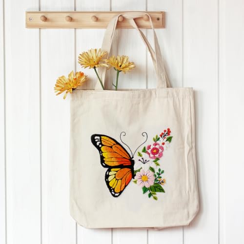 Louise Maelys Embroidery Kit Canvas Tote Bag for Beginners,Cross Stitch Kits for Adults,DIY Needlepoint with Butterfly Floral Pattern,Women Shopping Reusable Grocery Bags