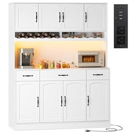 AXCIGOC 72" Tall Kitchen Pantry Cabinet with Charging Station 55" Wide Kitchen Hutch Cabinet with LED Light and Countertop Large Kitchen Pantry Storage Cabinet With Adjustable Shelves and Wine Rack AXCIGOC