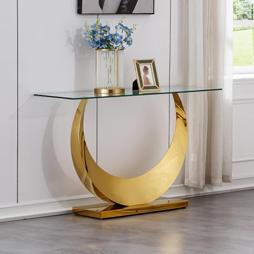 Modern Glass Entryway Console Table with Moon Shape Stainless Steel Pedestal Base, Long Narrow Sofa Table Behind Couch Hallway Table for Entryway, Living Room, Foyer, Entrance Gold TehRecBT