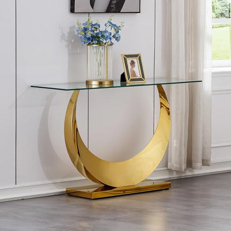 Modern Glass Entryway Console Table with Moon Shape Stainless Steel Pedestal Base, Long Narrow Sofa Table Behind Couch Hallway Table for Entryway, Living Room, Foyer, Entrance Gold TehRecBT