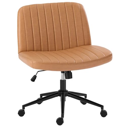 OLIXIS Criss Cross Chair with Wheels Wide Cross Legged Office Desk Vanity Chair Comfy Fabric Armless Adjustable Swivel for Home Computer Task PU Brown OLIXIS