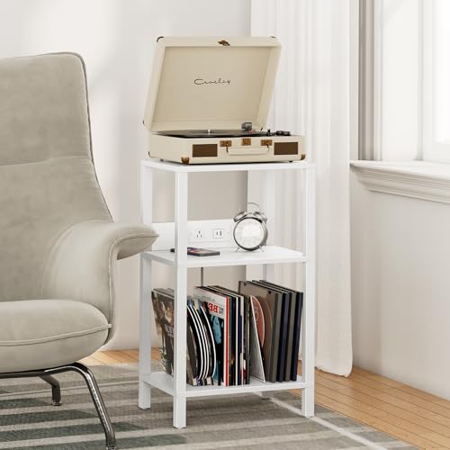 TUTOTAK Record Player Stand with Storage Up to 100 Albums，Record Storage Table,3 Tier End Table with Charging Station,Side Table for Living Room, Bedroom, White TB01BW076 TUTOTAK