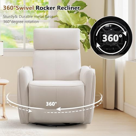 HAOMARKETS Electric Swivel Rocker Recliner Chair, Power Faux Leather Glider Rocking Recliners for Adults,360° Swivel Nursery Reclining Sofa with USB Charging Port, White HAOMARKETS