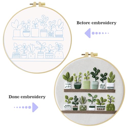 Full Range Embroidery Kit for Adult, Green Plant Pattern Embroidery Kit for Beginners Include Embroidery Cloth Hoops Threads for Craft Lover Hand Stitch with Embroidery Skill Techniques,Home Decor