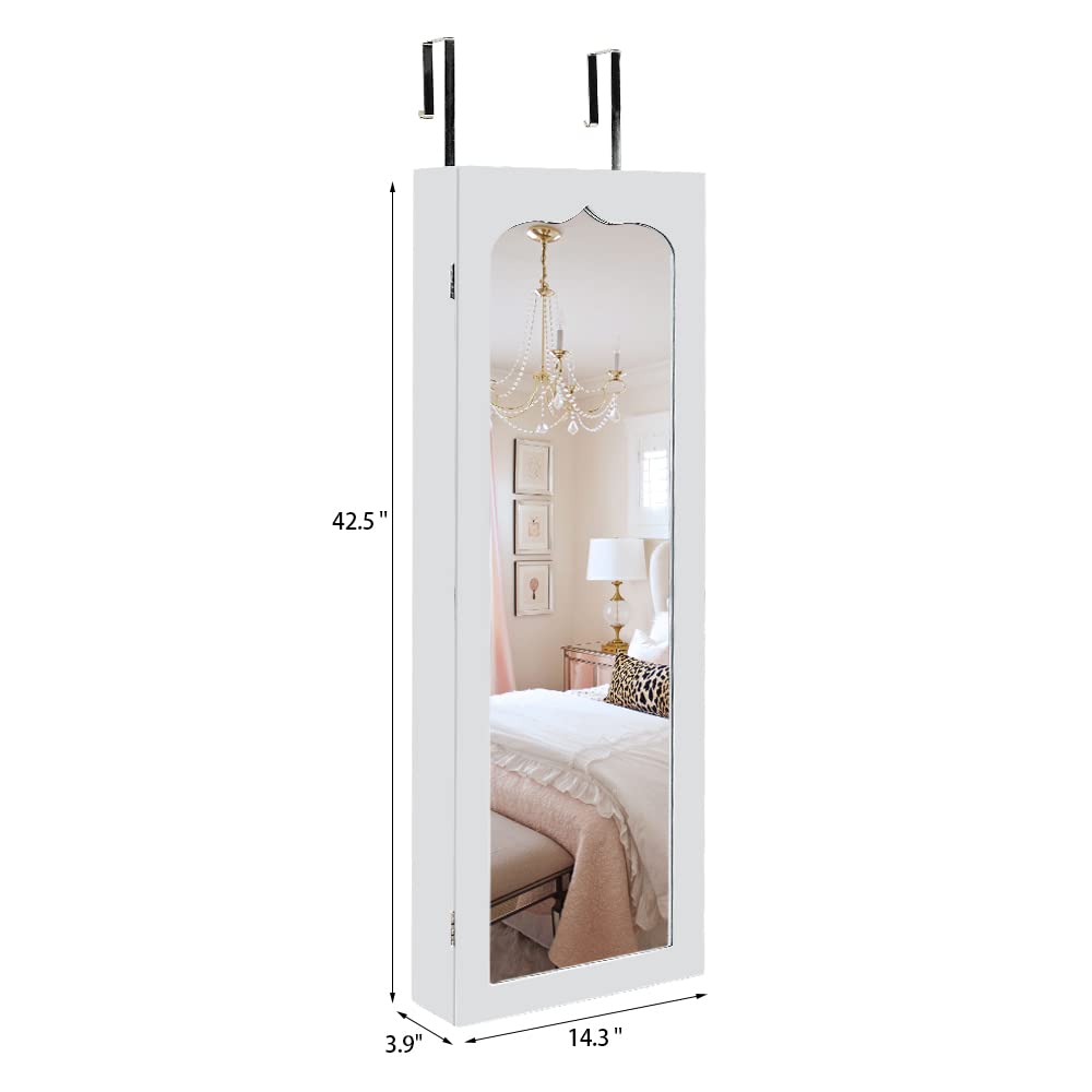Full Length Mirror Jewelry Cabinet - 4-Layer Shelf Wall Mounted Jewelry Organizer with 8 LED Lights - Jewelry Armoire with Mirror And 6 Drawers - Wall and Door Hanging Jewelry Organizer - White WEI WEI GLOBAL