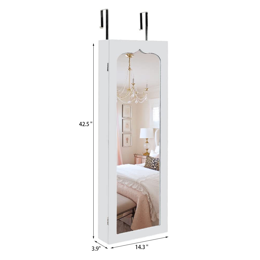 Full Length Mirror Jewelry Cabinet - 4-Layer Shelf Wall Mounted Jewelry Organizer with 8 LED Lights - Jewelry Armoire with Mirror And 6 Drawers - Wall and Door Hanging Jewelry Organizer - Whi - WoodArtSupply