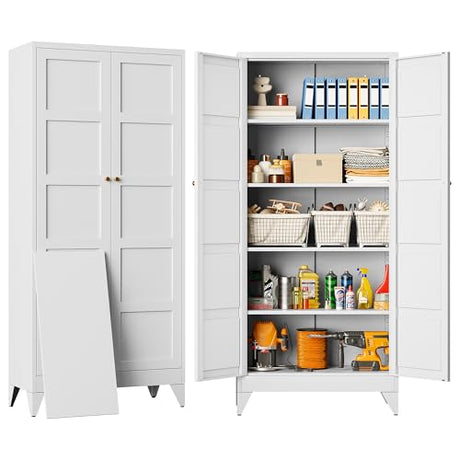 SISESOL Wide & Deep Metal Storage Cabinet with 2 Doors and 5 Shelves,72 inch Tall Pantry Storage Cabinet,Large Cupboard Closet,White Cabinets for Home,Kitchen,Bathroom,Dining/Living Room SISESOL